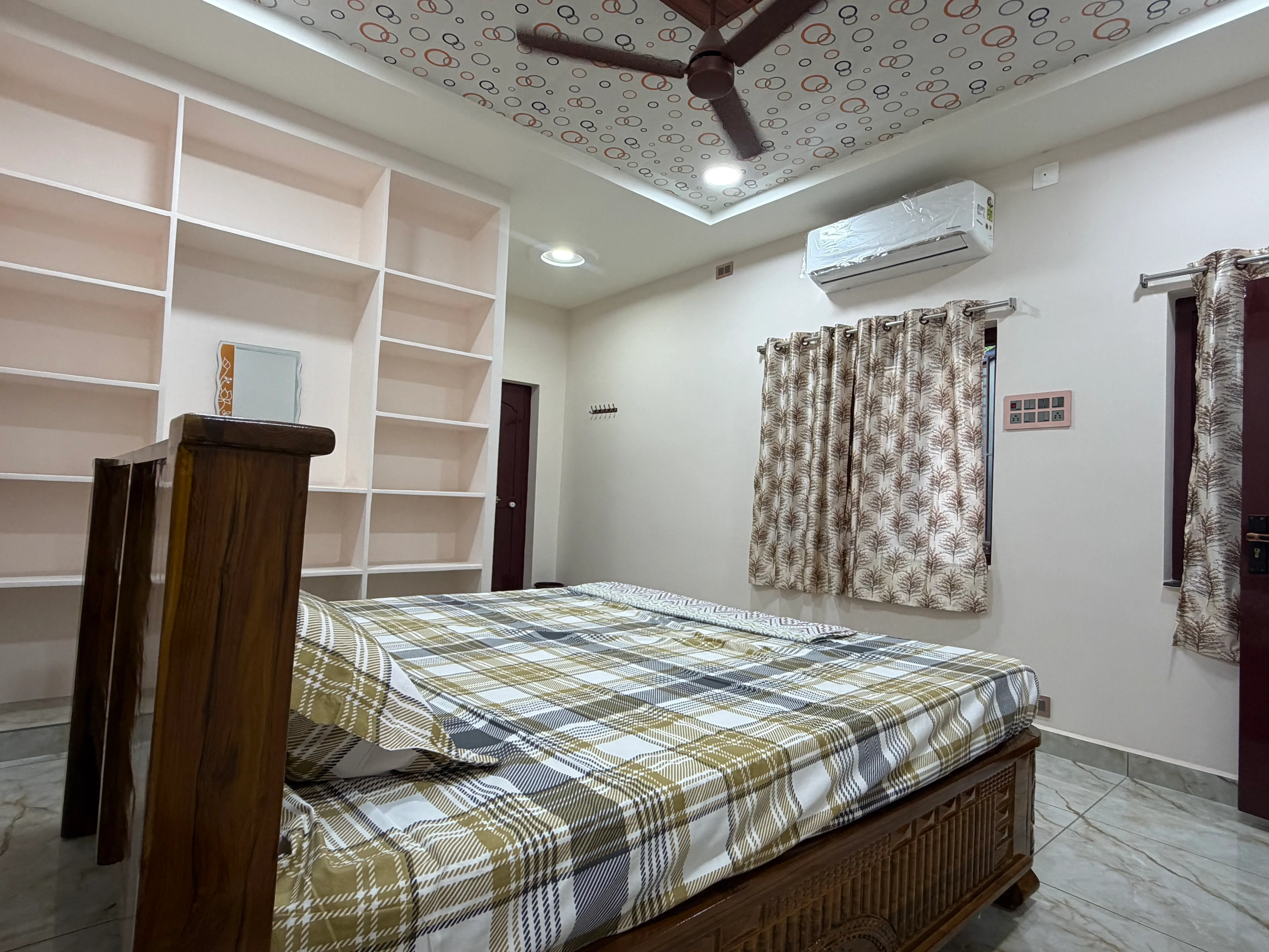 Bedroom with plaid bedding